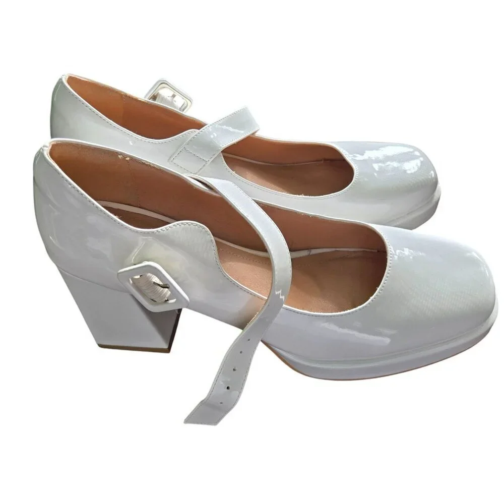 Latasa White Faux Patent Leather Platform Mary Jane Square Toe Size 40/9.5